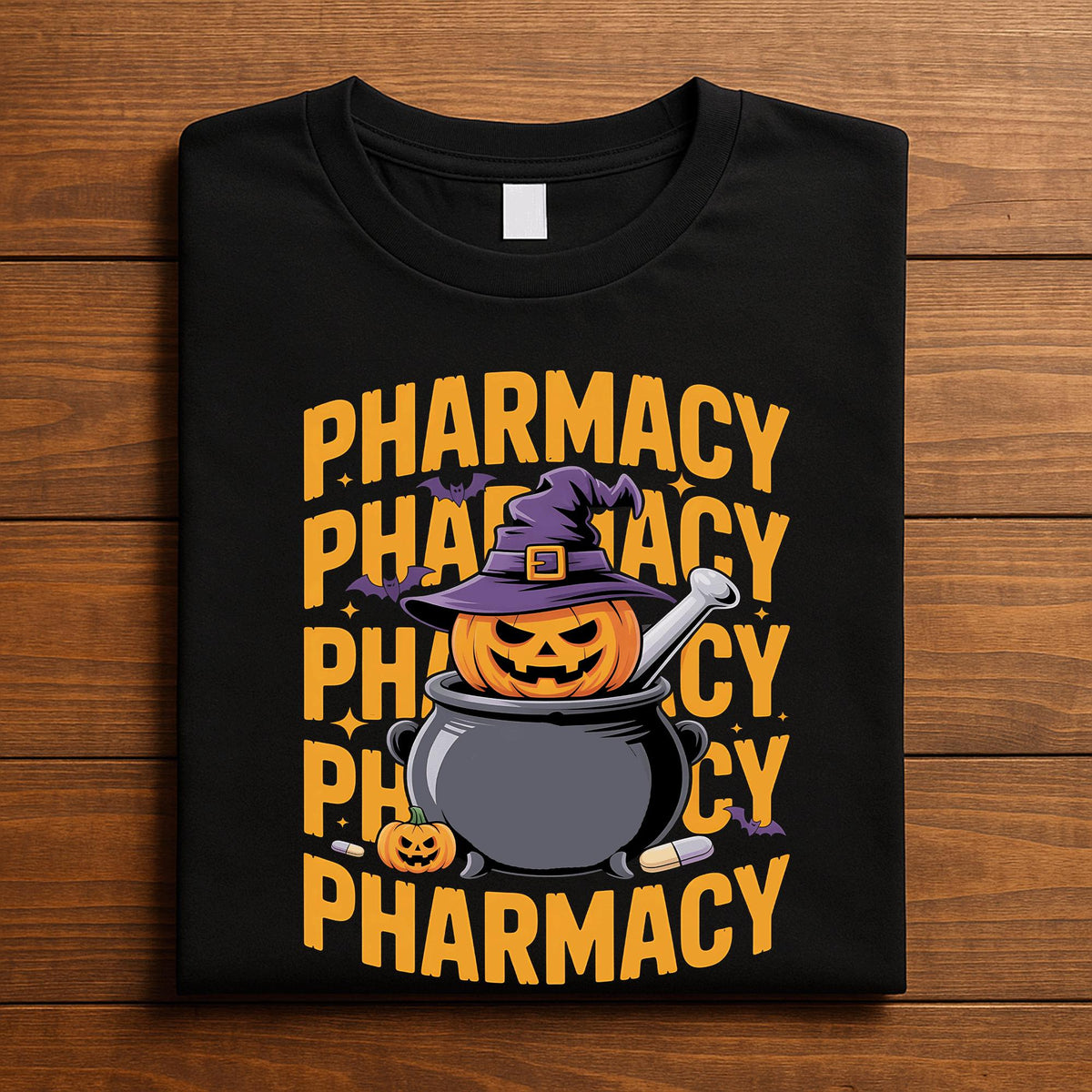 Pharmacy Halloween Shirt, Pumpkin Pharmacist in Cauldron with Witch Hat and Bats, Spooky Pharmacy Tech Costume Tee, Pharmacist Halloween