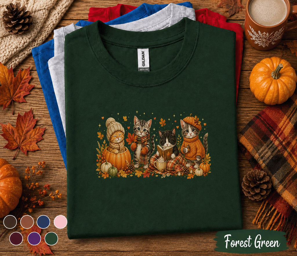 Cute Fall Cats Shirt, Autumn Kitten Pumpkin Tee, Cozy Thanksgiving Cat Lover Gift, Pumpkin Spice Season Unisex T-Shirt