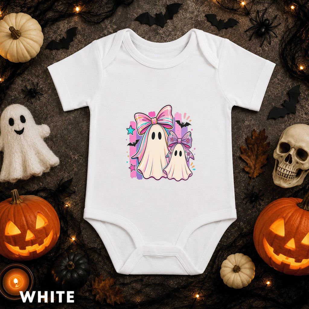 Cute Ghost Halloween Baby Bodysuit, Pink Bow Infant Onesie, Spooky Cute Baby Girl Outfit, Coquette First Halloween Gift for Baby Girl