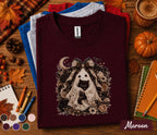 Cute Ghost Cat Halloween Shirt, Black Kitten Boo Tee, Spooky Floral Ghost T-Shirt, Gothic Autumn Cat Lover Gift, Witchy Fall Shirt