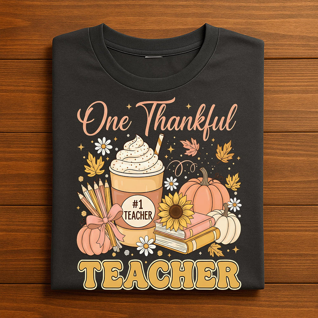One Thankful Teacher Autumn Pumpkin Shirt Thanksgiving Fall Leaves Classroom Outfit Tee, Gift Teacher Thanksgiving Sweatshirt, Teach Shirt