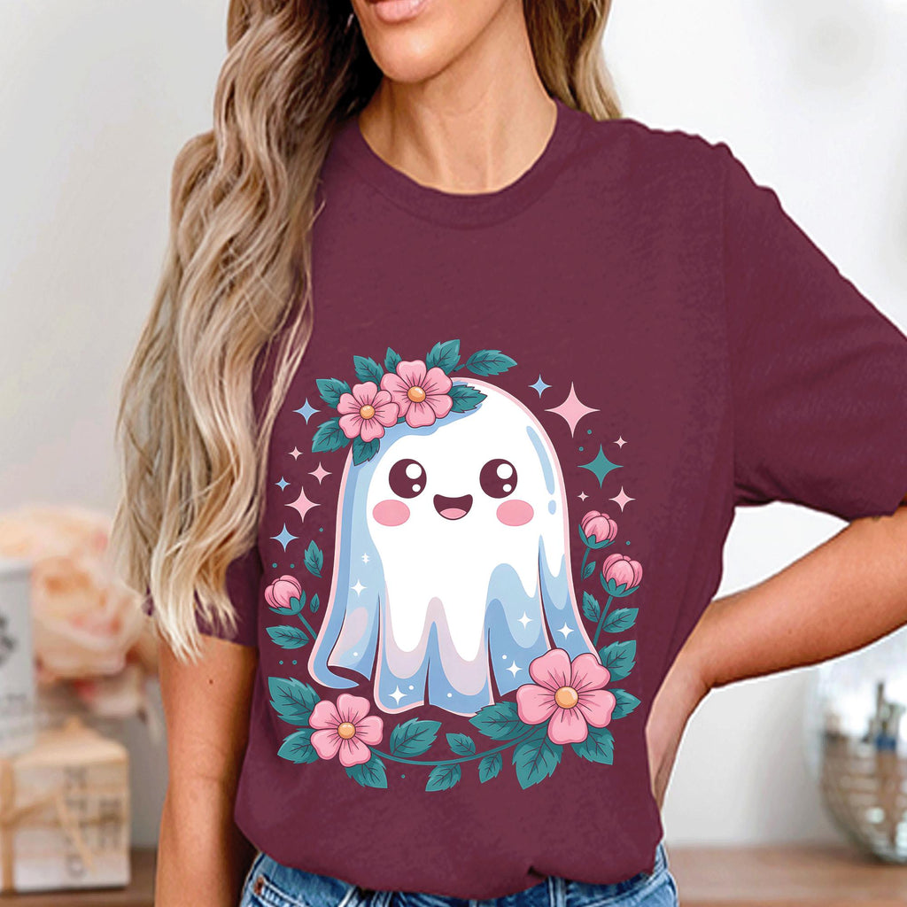 Pastel Cute Ghost Shirt, Floral Kawaii Halloween Spirit Tee, Spooky Season Top, Ghost Sweatshirt Girl, Women Halloween Sweatshirt Gift