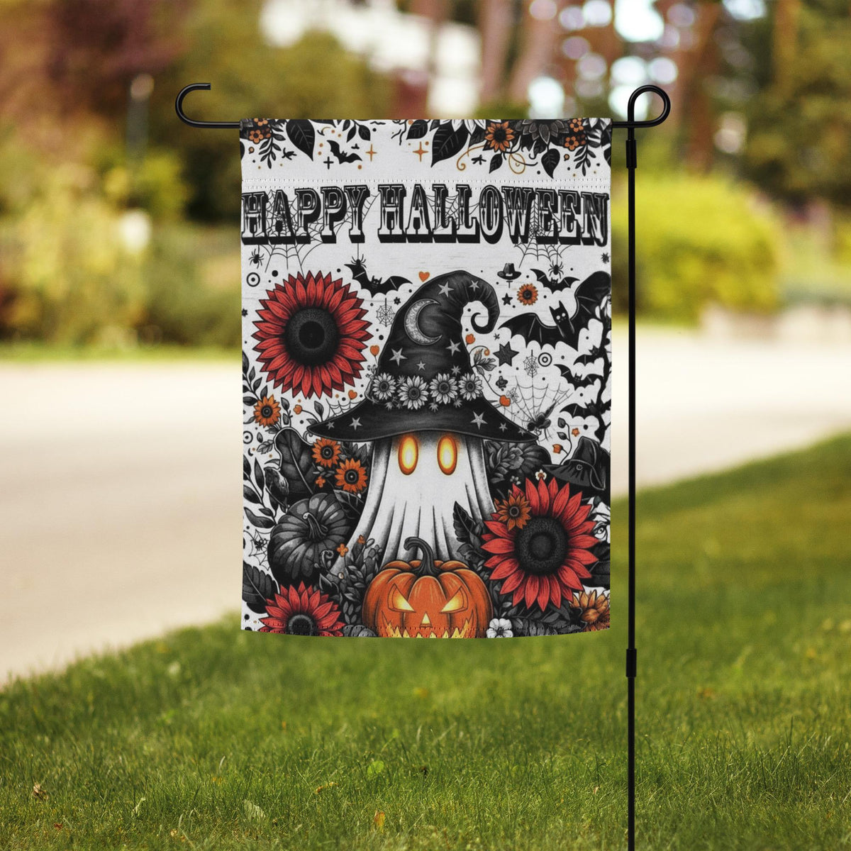 Happy Halloween Garden Flag Sublimation Design, Halloween Ghost Garden Flag, Cute Happy Halloween Garden Flag