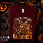 Just Waiting for Halloween Shirt, Skeleton Pumpkin Spice Tee, Cozy Spooky Season Shirt, Vintage Fall Halloween Lover Gift Tee