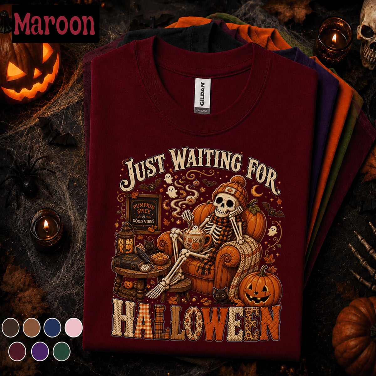 Just Waiting for Halloween Shirt, Skeleton Pumpkin Spice Tee, Cozy Spooky Season Shirt, Vintage Fall Halloween Lover Gift Tee