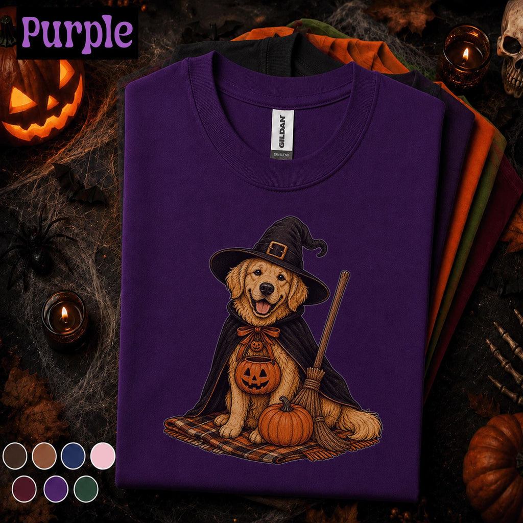 Golden Retriever Witch Halloween Shirt, Cute Spooky Dog Tee, Pumpkin Puppy Shirt, Dog Mom Halloween Gift, Vintage Fall Pet Lover Tee