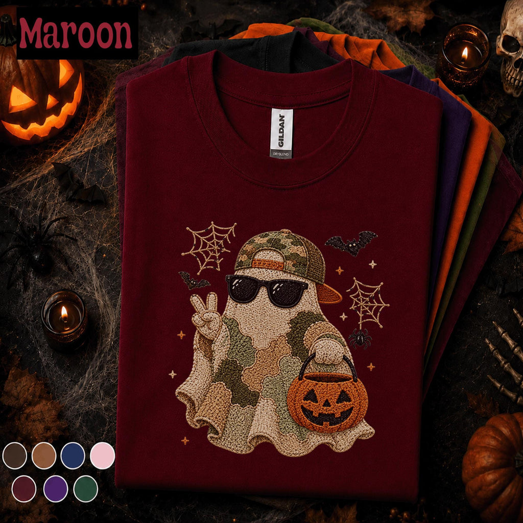 Camo Ghost Halloween Shirt, Cool Ghost Tee, Funny Spooky Season Shirt, Pumpkin Candy Bag, Halloween Gift for Teens