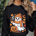 Cozy Ghost Fall Coffee Shirt, Cute Halloween Ghost with Pumpkin and Scarf Tee, Autumn Ghost Sweatshirt, Spooky Season Cozy Halloween Gift