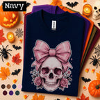 Pink Bow Skull Halloween Shirt, Coquette Skeleton Tee, Floral Skull T Shirt, Girly Spooky Season Top, Gothic Halloween Gift for Women