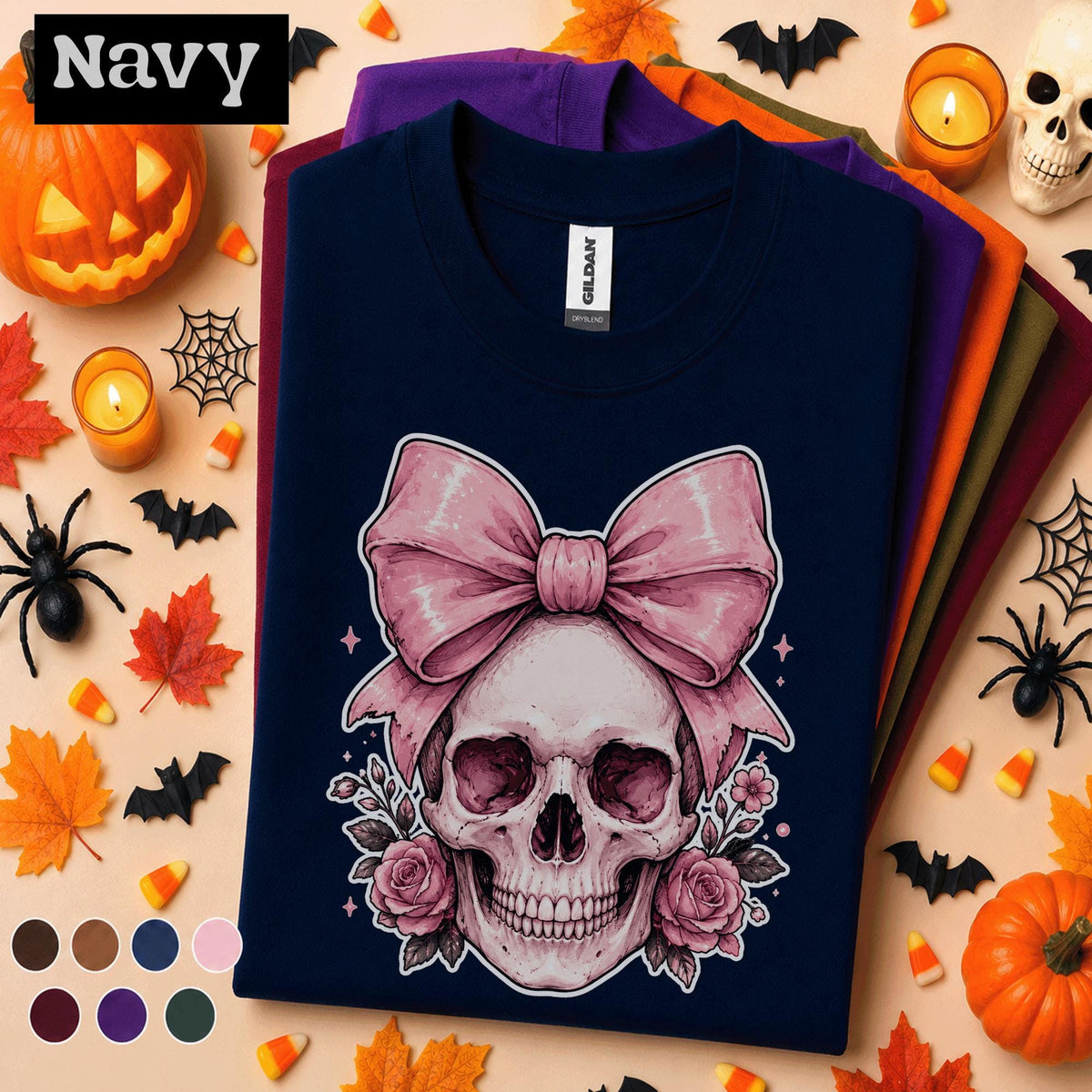 Pink Bow Skull Halloween Shirt, Coquette Skeleton Tee, Floral Skull T Shirt, Girly Spooky Season Top, Gothic Halloween Gift for Women