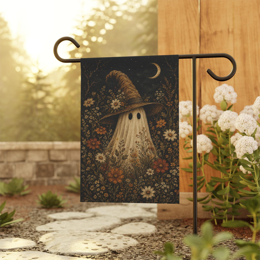 Ghost Witch Halloween Garden Flag, Floral Spooky Yard Decor, Witch Hat Ghost Flag, Vintage Autumn Halloween Outdoor Porch Decoration Fall