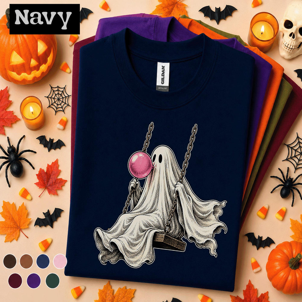 Bubblegum Ghost Halloween Shirt, Cute Ghost on Swing Tee, Pink Spooky Season T Shirt, Retro Halloween Tee, Whimsical Ghost Gift