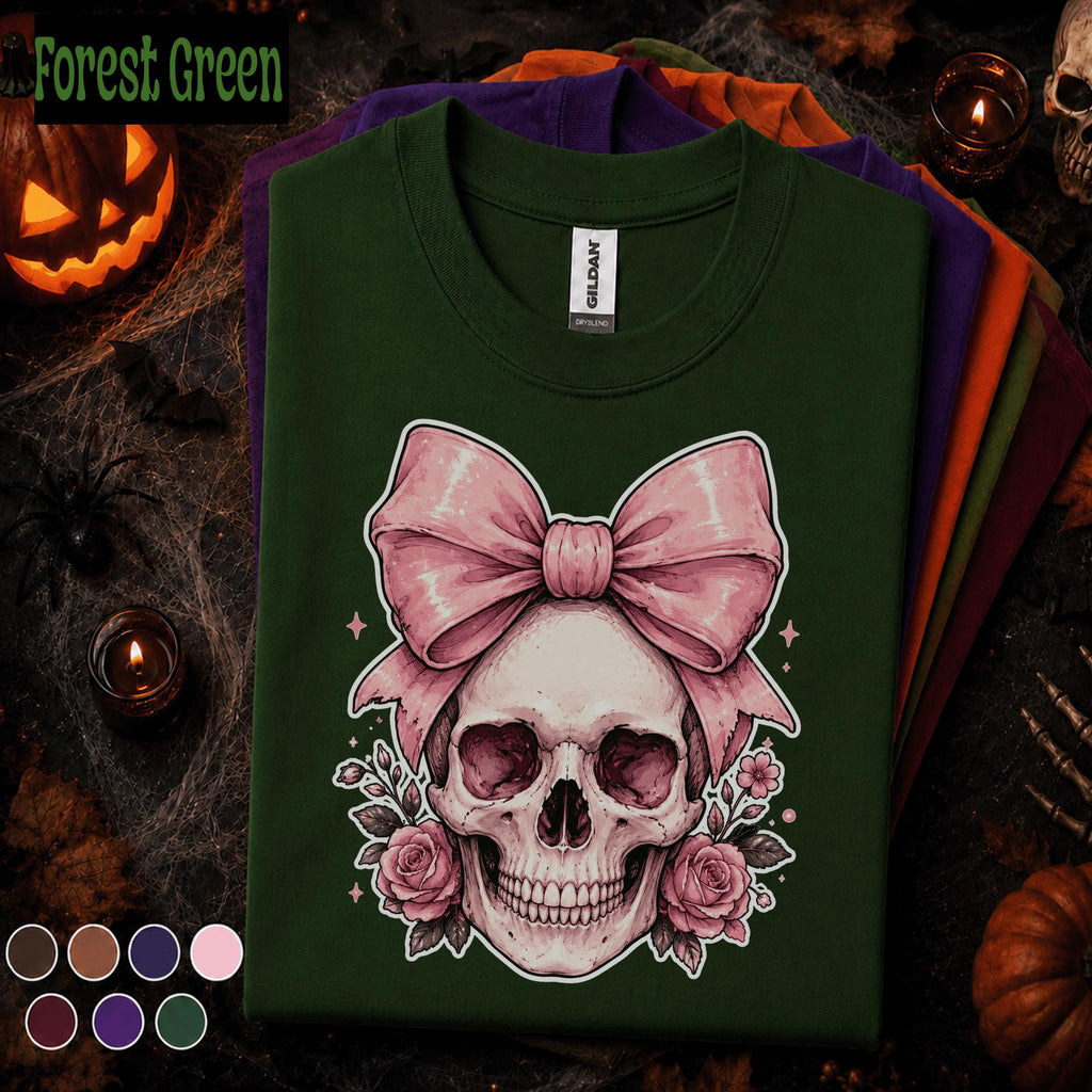 Pink Bow Skull Halloween Shirt, Coquette Skeleton Tee, Floral Skull T Shirt, Girly Spooky Season Top, Gothic Halloween Gift for Women