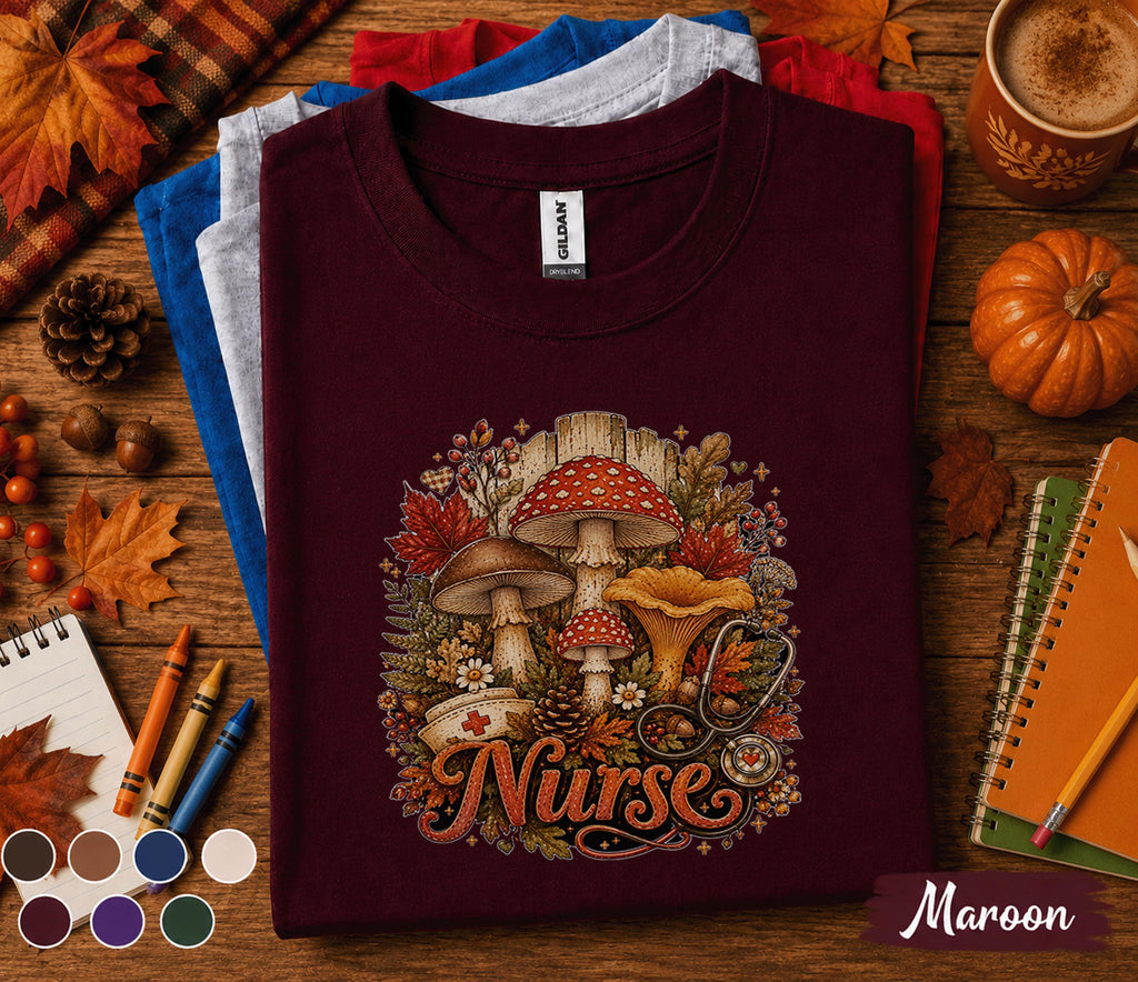 Fall Nurse Shirt, Autumn Mushroom Nurse Tee, Cute RN Fall Shirt, Cozy Nurse Gift, Medical Shirt, Pumpkin Season Nurse Tee, Nurse Gift