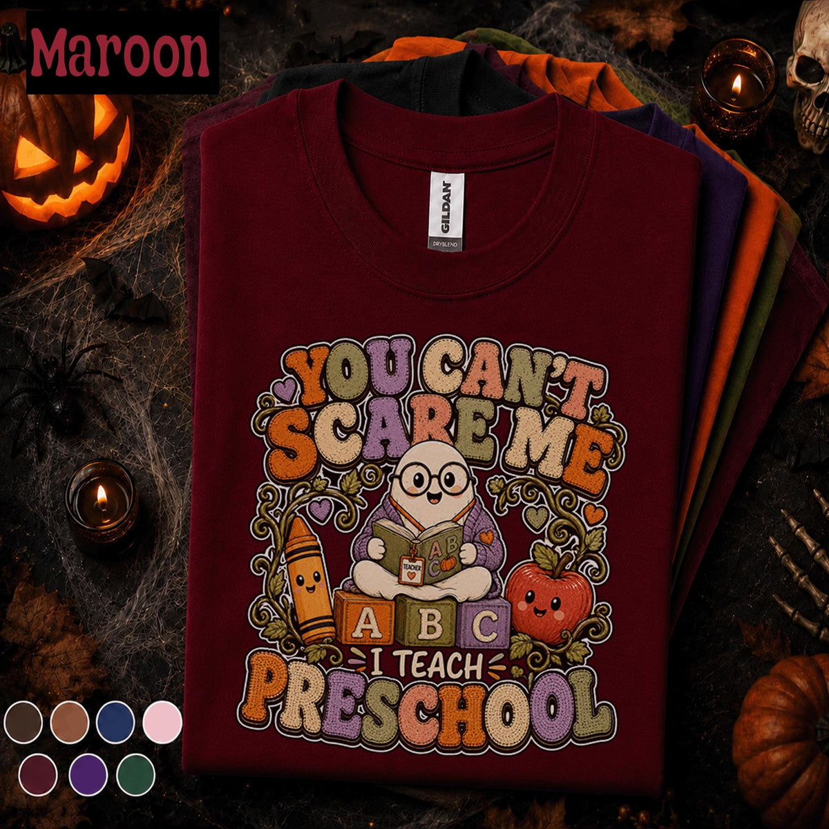 You Cant Scare Me I Teach Preschool Halloween Shirt, Funny Ghost Teacher Tee, Preschool Teacher Gift, Cute Spooky Classroom Shirt