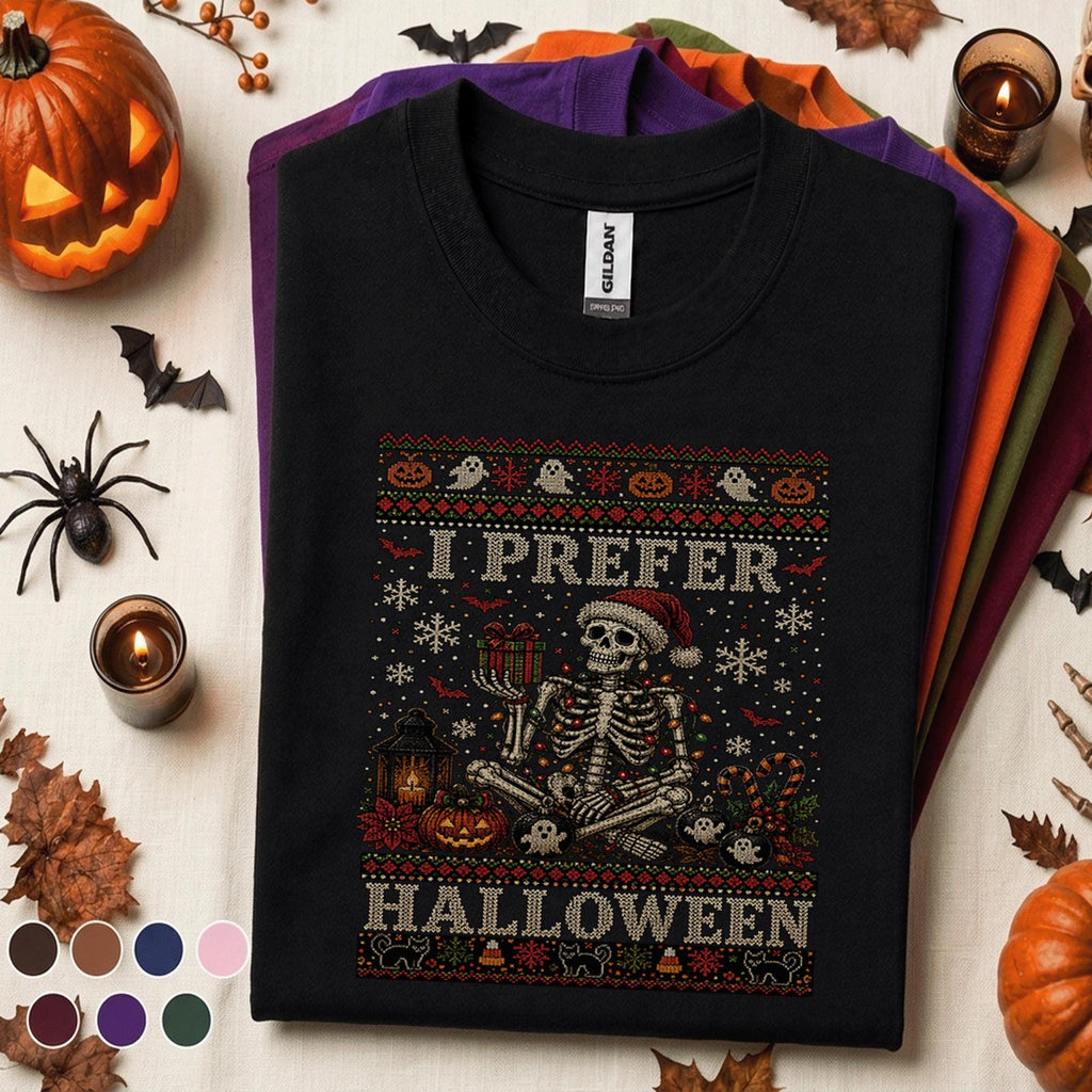 I Prefer Halloween Christmas Shirt, Skeleton Santa Spooky Holiday Tee