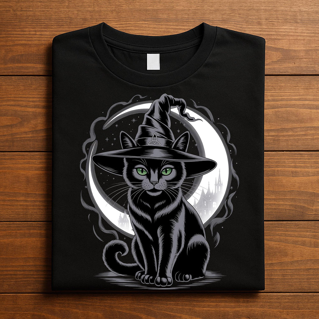 Halloween black cat hat and crescent moon shirt, spooky gothic cat lover Tee