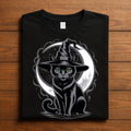 Halloween black cat hat and crescent moon shirt, spooky gothic cat lover Tee