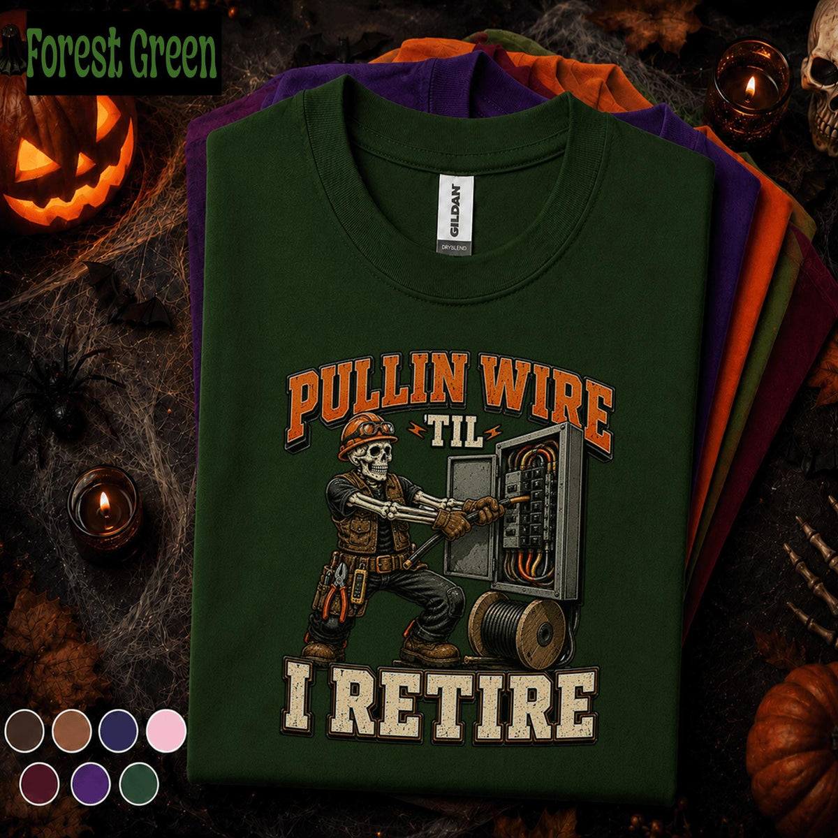 Electrician Halloween Shirt, Pullin Wire Til I Retire Tee, Funny Skeleton Electrician Gift, Spooky Electrical Worker Halloween T-Shirt