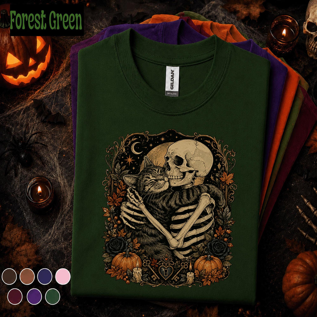 Skeleton Cat Halloween Shirt, Gothic Cat Lover Tee, Spooky Skeleton Hug Shirt, Vintage Halloween Tee, Dark Academia Fall Gift