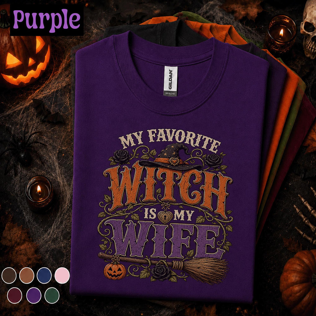 My Favorite Witch Is My Wife Halloween Shirt, Funny Husband Wife Tee, Spooky Witch Gift for Spouse, Vintage Halloween Couples Shirt