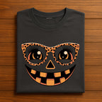 Leopard Pumpkin Face Shirt, Trendy Halloween Tee for Women, Cute Pumpkin Glasses Shirt, Fall Pumpkin T-Shirt, Jack O Lantern Shirt For Women