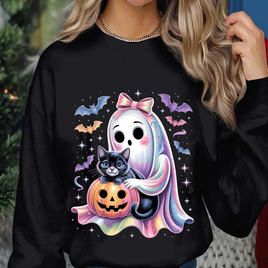 Kawaii Ghost with Cat Pumpkin Shirt, Pastel Halloween Ghost Tee, Spooky Cute Haunted Costume Top for Girls Women Gift, Cute Ghost Sweatshirt