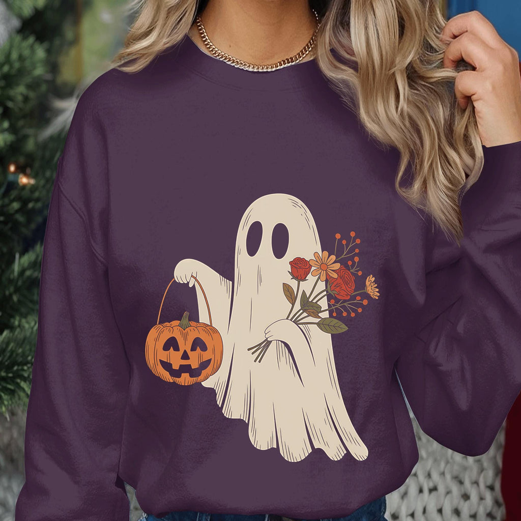 Ghost Flowers Shirt, Cute Pumpkin Halloween Spirit Tee, Spooky Shirt, Women Halloween Sweatshirt, Ghost Sweatshirt Girl, Halloween Shirt
