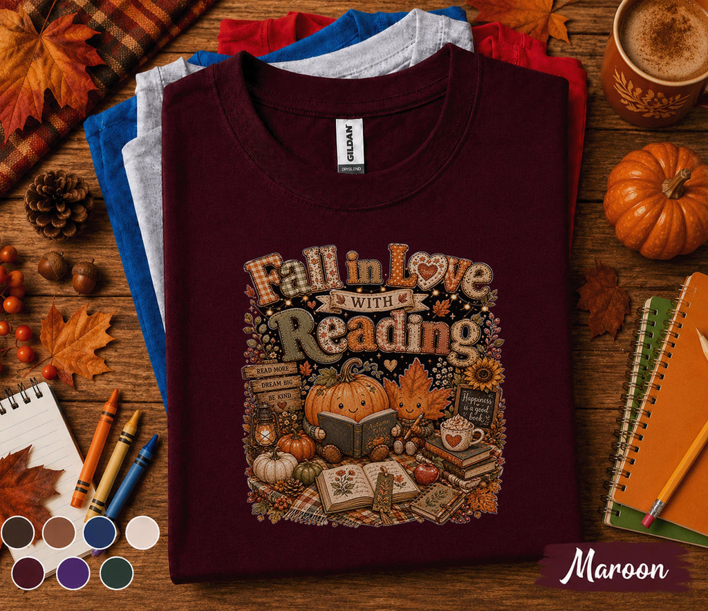 Fall in Love with Reading Shirt, Autumn Teacher Reading Tee, Cute Pumpkin Book Lover  T-Shirt, Cozy Librarian Gift, Fall Classroom Outfit