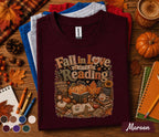 Fall in Love with Reading Shirt, Autumn Teacher Reading Tee, Cute Pumpkin Book Lover  T-Shirt, Cozy Librarian Gift, Fall Classroom Outfit