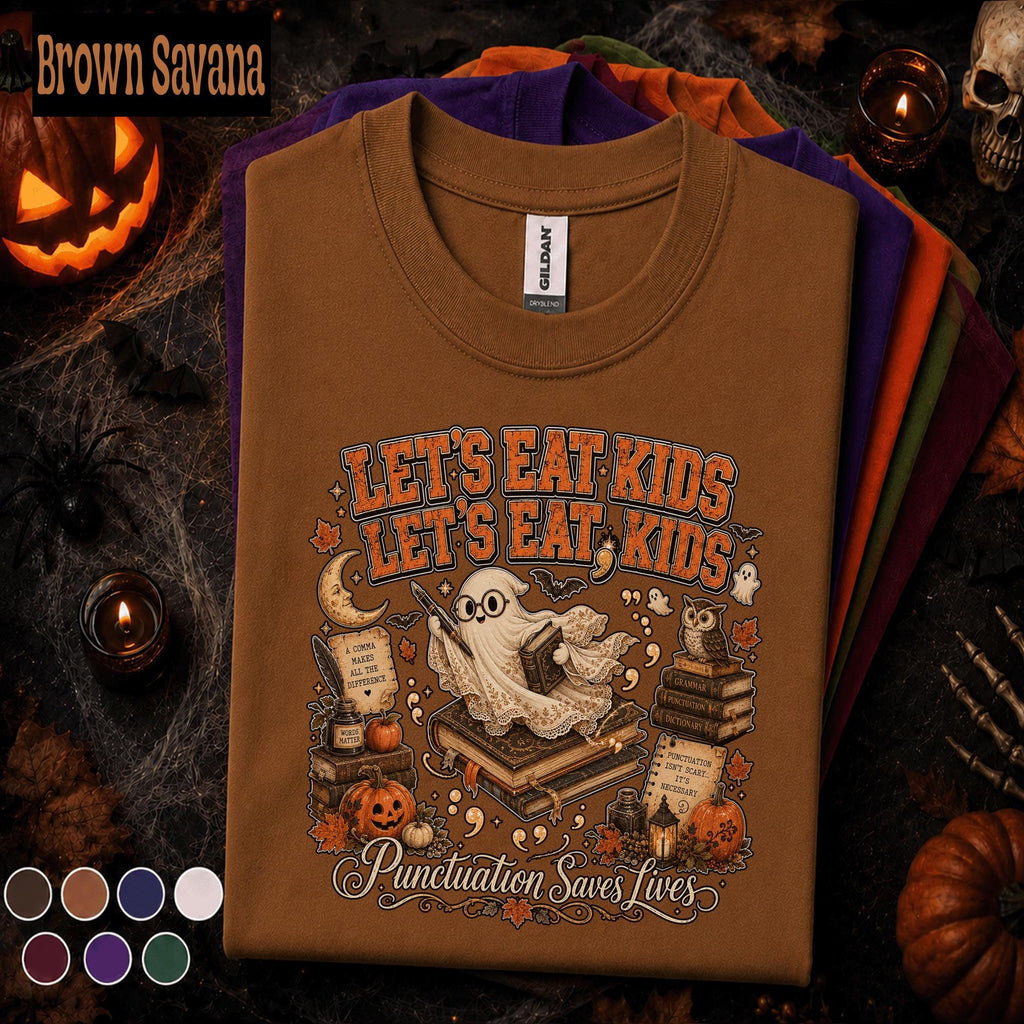 Funny English Teacher Halloween Shirt, Lets Eat Kids Punctuation Saves Lives Tee, Spooky Grammar Teacher Gift, Fall Classroom Educator Tee