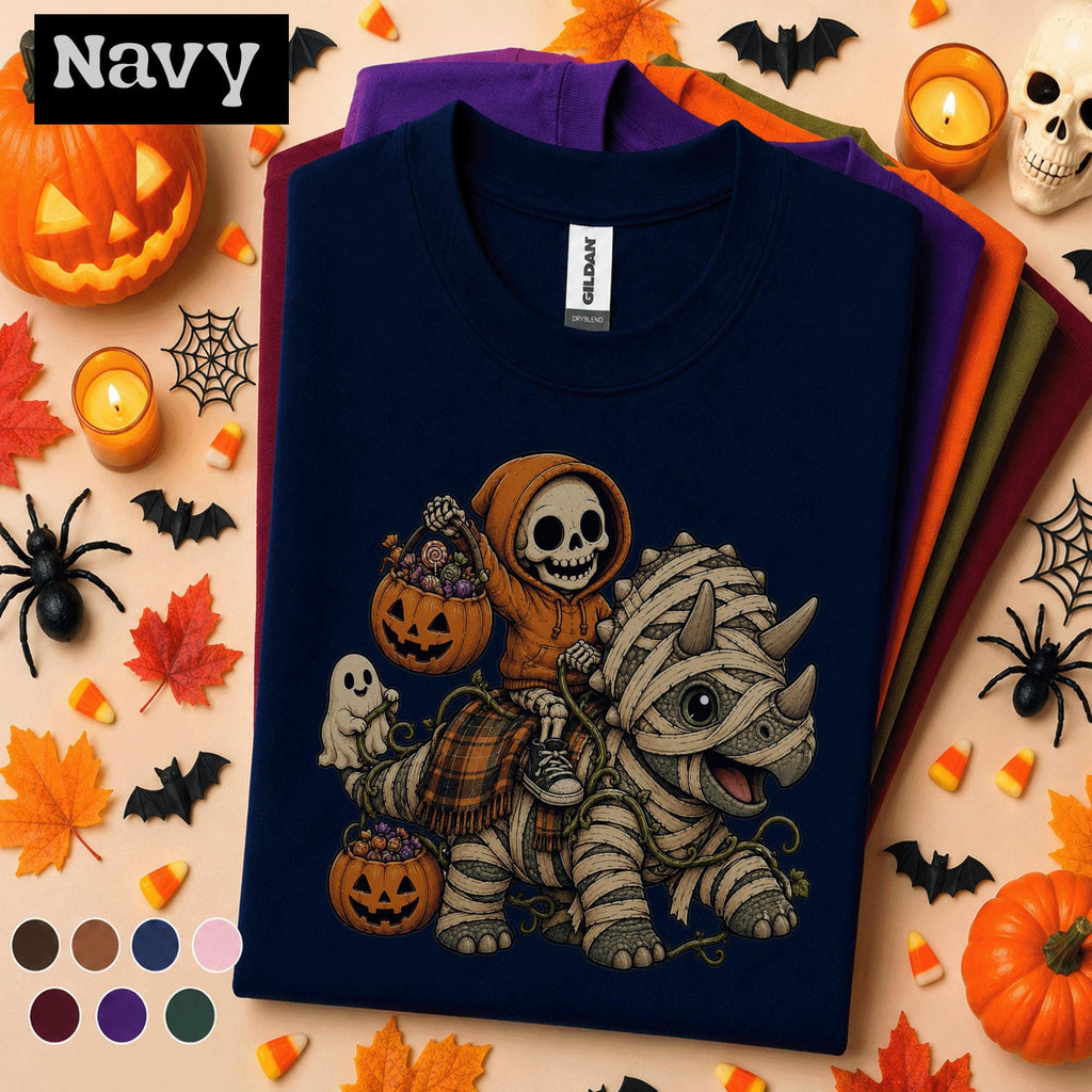 Cute Mummy Dinosaur Halloween Shirt, Skeleton Tee, Spooky Dino T Shirt, Pumpkin Ghost Fall Gift, Kids Youth Boys Halloween Top