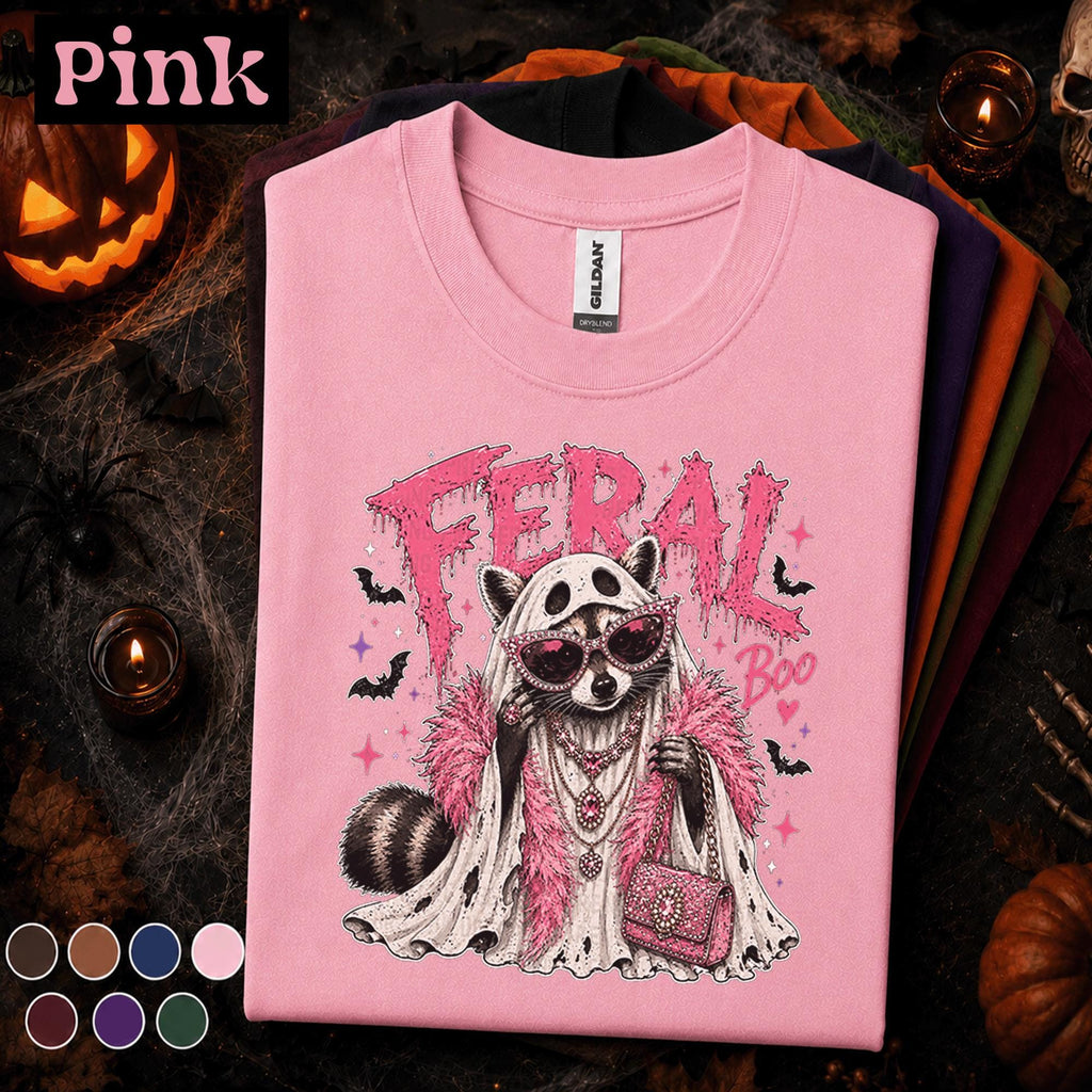Feral Boo Raccoon Halloween Shirt, Pink Ghost Raccoon Tee, Funny Trash Panda T Shirt, Spooky Glam Halloween Tee, Raccoon Gift