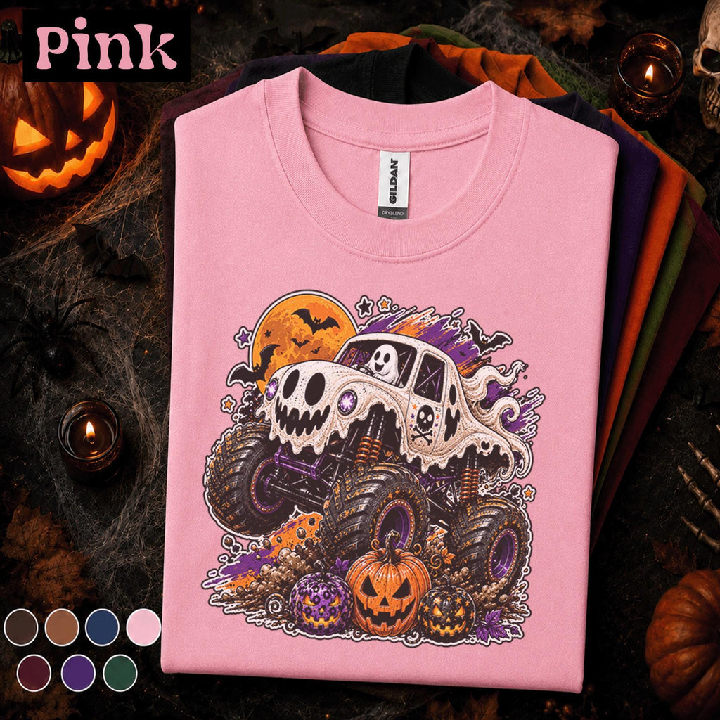 Ghost Monster Truck Halloween Shirt, Spooky Truck Pumpkin Tee, Cute Ghost Racing T Shirt, Halloween Monster Truck Gift for Kids Adults