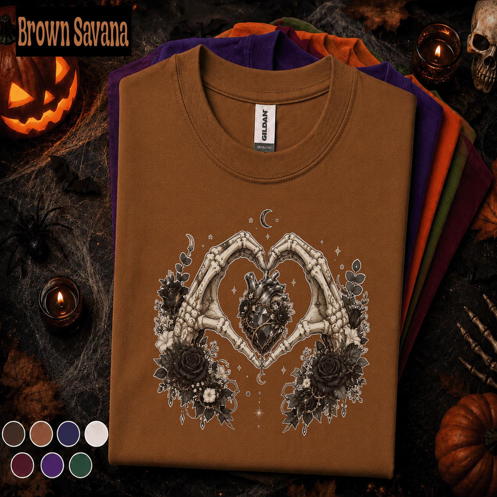 Gothic Skeleton Hands Halloween Shirt, Dark Floral Heart Tee, Black Rose Spooky Shirt, Witchy Goth Gift, Celestial Halloween Tee
