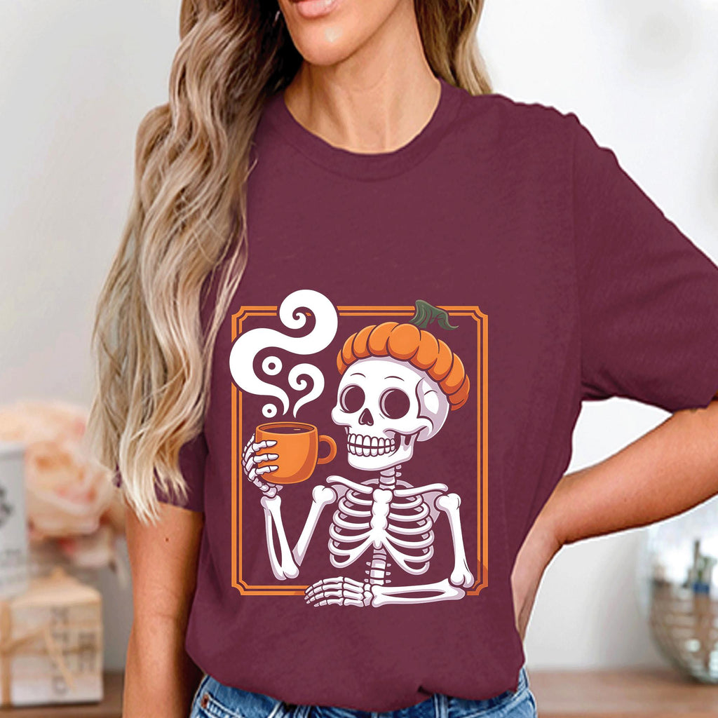 Pumpkin Skeleton Coffee Shirt, Spooky Halloween Skeleton Tee, Funny Fall Coffee Lover Sweatshirt, Halloween Skeleton Gift, Halloween Shirt