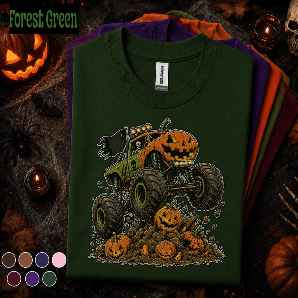 Pumpkin Monster Truck Halloween Shirt, Jack O Lantern Truck Tee, Spooky Racing T Shirt, Kids Skeleton Driver Halloween Gift for Truck Lovers