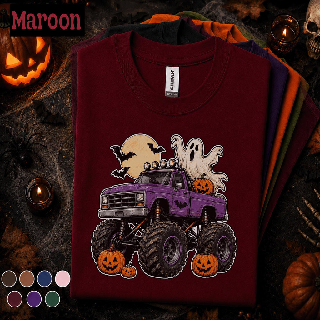 Halloween Monster Truck Shirt, Purple Pickup Ghost Tee, Pumpkin Truck T Shirt, Spooky Off Road, Kids Youth Boys Halloween Gift Truck Lovers