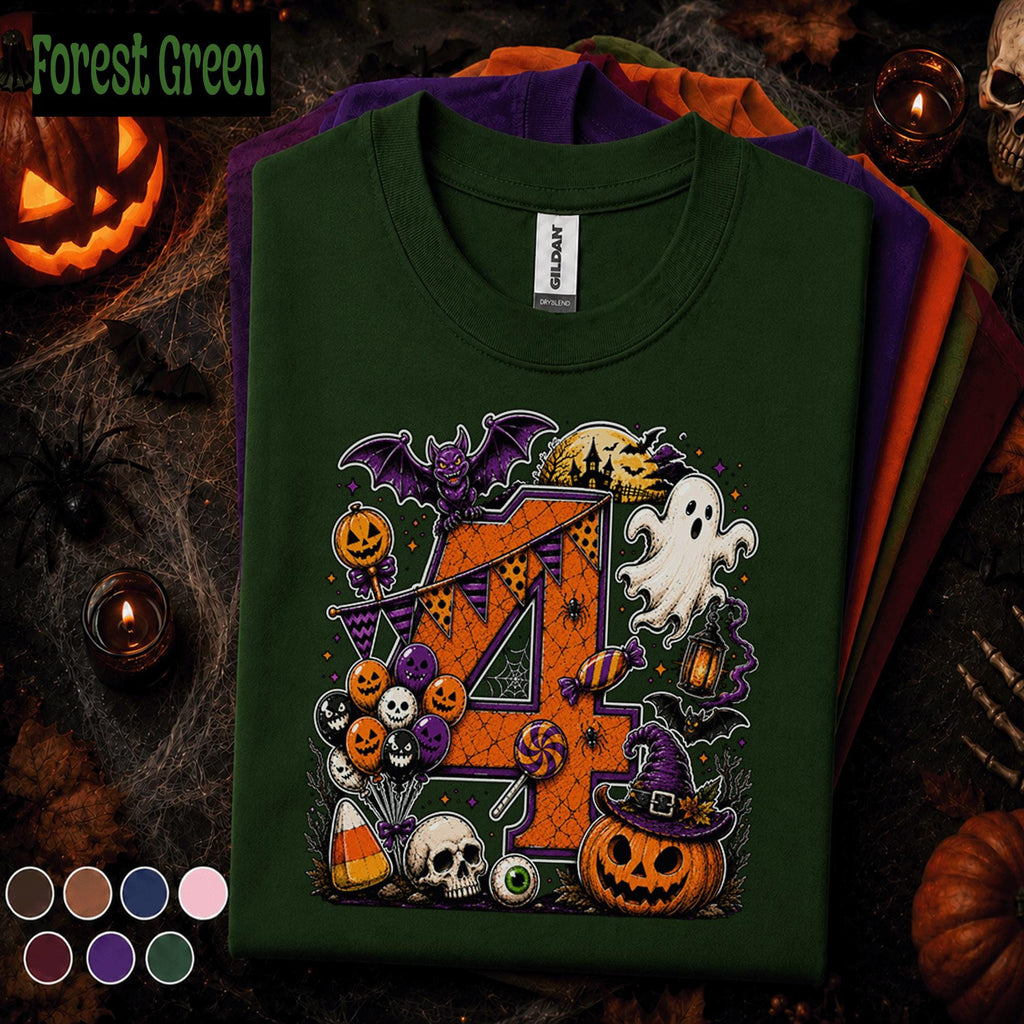 4th Birthday Halloween Shirt, Spooky Number 4 Tee, October Birthday Party Shirt, Ghost Pumpkin Witch Kids Halloween Gift for Girls Boys