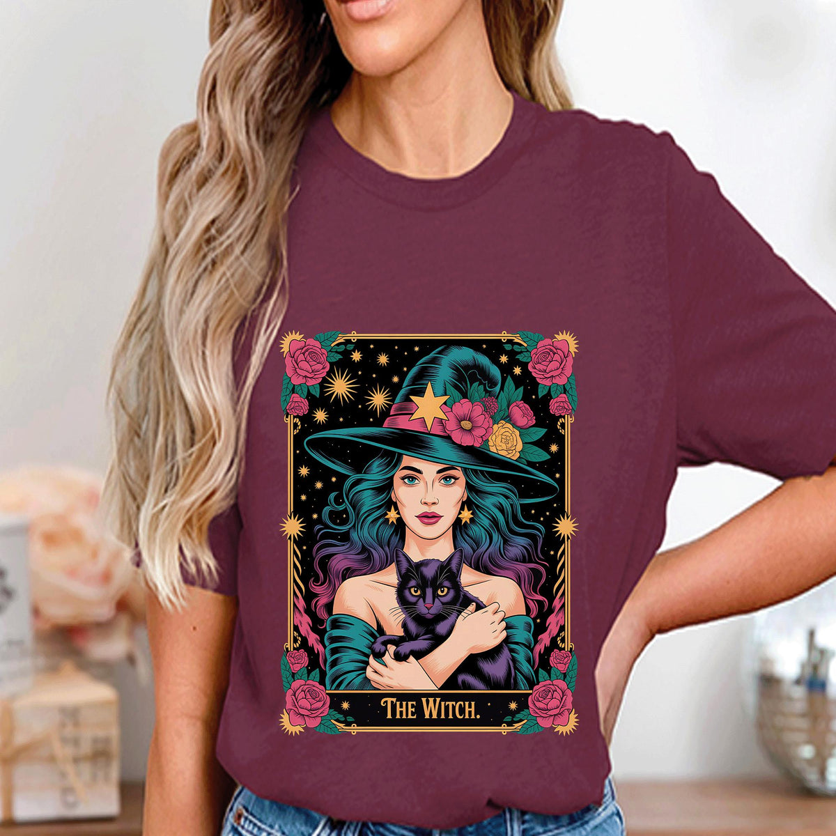 The Witch Halloween Shirt Black Cat Roses, Spooky Haunted Witch Girl Halloween Tee, Cat Lover Witch Costume, Women Halloween Sweatshirt Gift