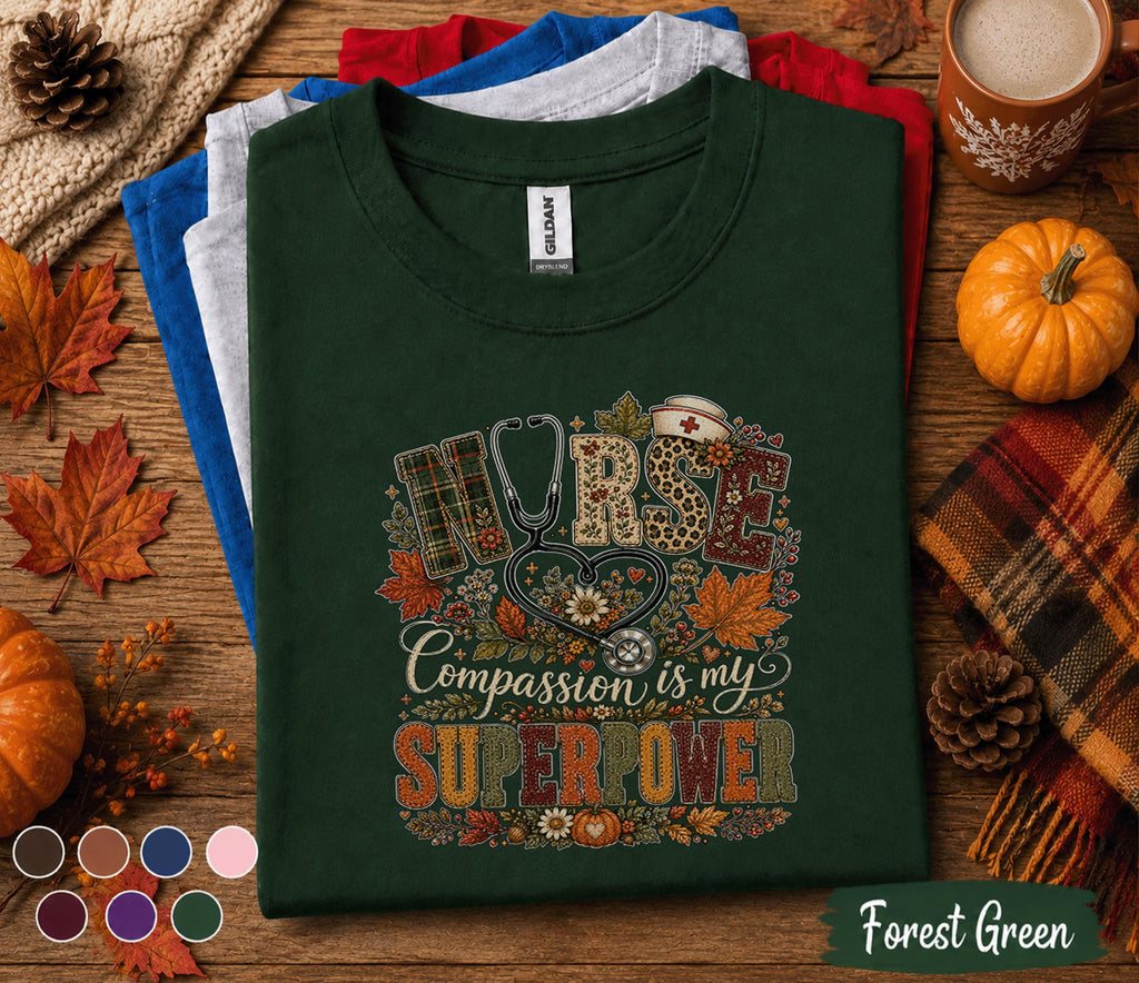 Nurse Compassion Is My Superpower Fall Shirt, Autumn Nurse Appreciation Tee, Pumpkin Nursing Shirt, Thanksgiving Nurse Gift