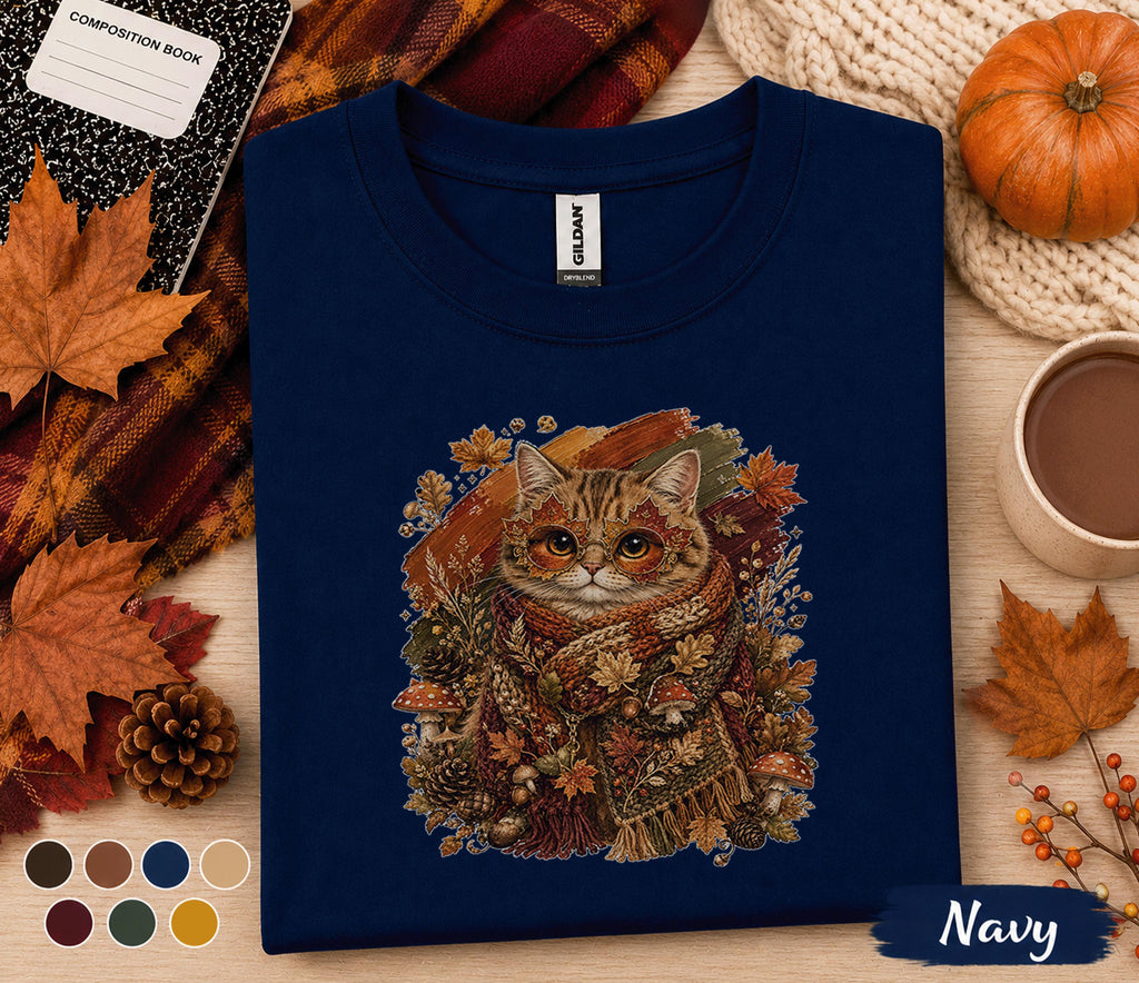 Cute Fall Cat Shirt, Cozy Autumn Kitten with Leaf Glasses Tee, Cottagecore Cat Lover T-Shirt, Pumpkin Season Thanksgiving Gift