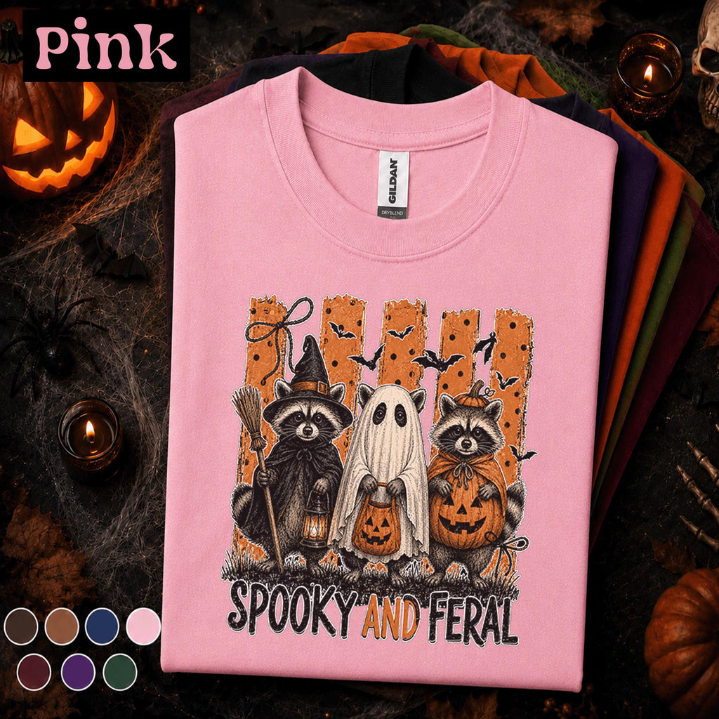 Spooky and Feral Halloween Shirt, Raccoon Ghost Tee, Funny Trash Panda Halloween T Shirt, Witchy Raccoon Spooky Season Fall Gift