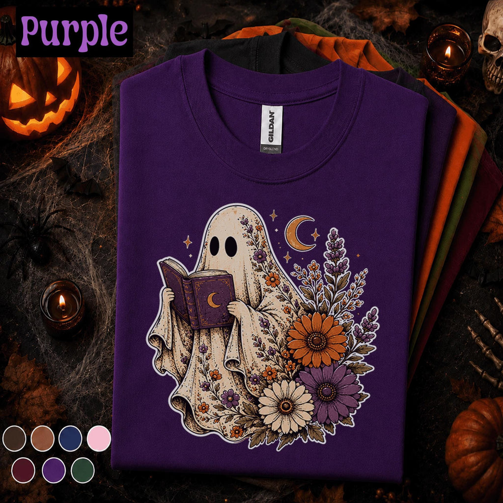 Floral Ghost Halloween Shirt, Book Lover Ghost T Shirt, Spooky Season Tee, Cottagecore Floral, Cute Reader Halloween Gift Tee