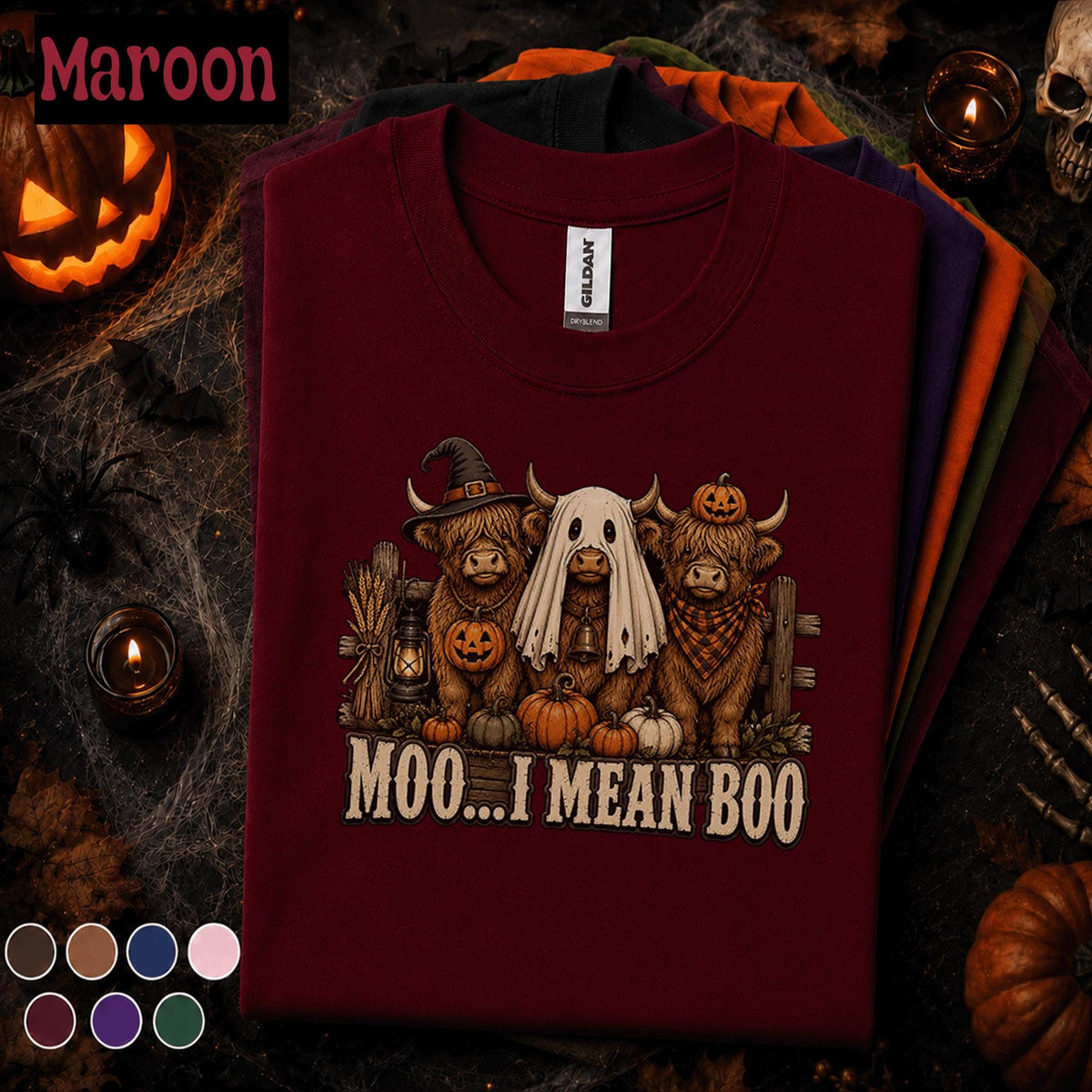 Moo I Mean Boo Halloween Shirt, Highland Cow Ghost Tee, Funny Farm Halloween Gift, Pumpkin Cow Shirt, Cute Spooky Fall Tee
