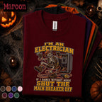 Electrician Halloween Shirt, Funny Skeleton Electrician Tee, Shut Main Breaker Off, Electrical Worker Gift, Spooky Tradesman T-Shirt