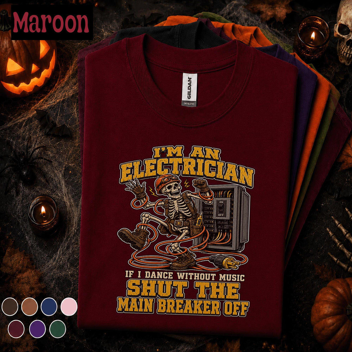 Electrician Halloween Shirt, Funny Skeleton Electrician Tee, Shut Main Breaker Off, Electrical Worker Gift, Spooky Tradesman T-Shirt