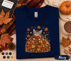 Cute Fall Cat Shirt, Cozy Autumn Kitten Tee, Sleeping Cat in Fall Leaves, Pumpkin Season Cat Lover Gift, Thanksgiving T-Shirt