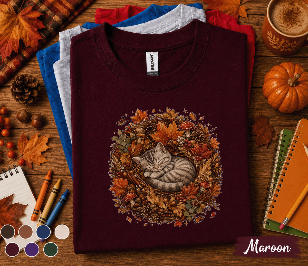 Cute Sleeping Fall Cat Shirt, Cozy Autumn Kitten Wreath Tee, Woodland Cat Lover T-Shirt, Pumpkin Season Thanksgiving Gift for Women