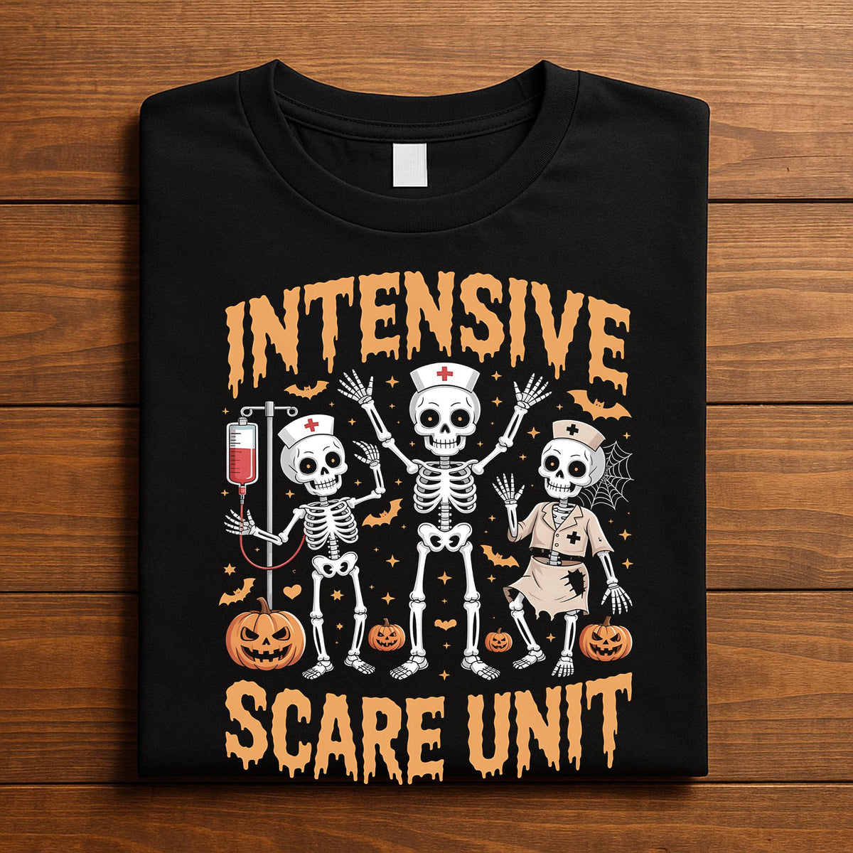 Intensive Scare Unit Shirt Funny Skeleton Nurse Halloween Tee With Pumpkins Perfect Spooky Medical Costume Outfit, Ha...